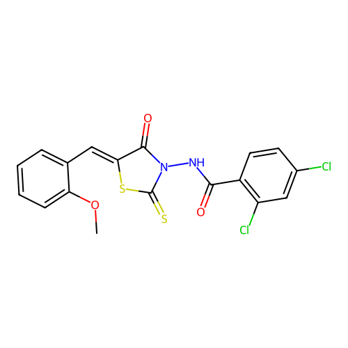 (Z)-2,4-dichloro-N-(5-(2-methoxybenzylidene)-4-oxo-2-thioxothiazolidin-3-yl)benzamide structure
