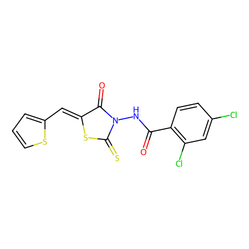(Z)-2,4-dichloro-N-(4-oxo-5-(thiophen-2-ylmethylene)-2-thioxothiazolidin-3-yl)benzamide structure