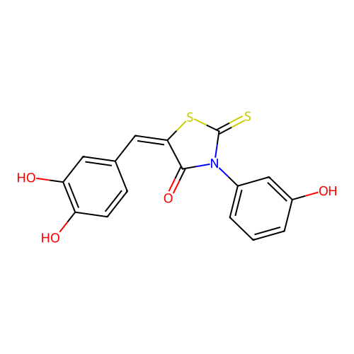 (5E)-5-(3,4-dihydroxybenzylidene)-3-(3-hydroxyphenyl)-2-thioxo-1,3-thiazolidin-4-one structure