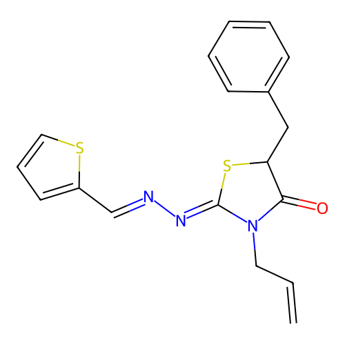 (Z)-3-allyl-5-benzyl-2-((E)-(thiophen-2-ylmethylene)hydrazono)thiazolidin-4-one structure