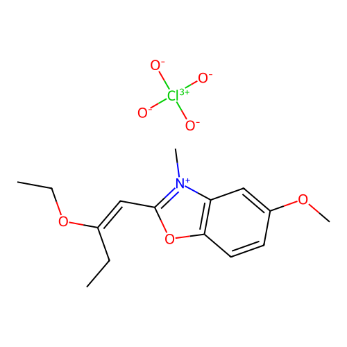 (E)-2-(2-ethoxybut-1-en-1-yl)-5-methoxy-3-methylbenzo[d]oxazol-3-ium perchlorate structure