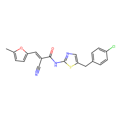 (E)-N-(5-(4-chlorobenzyl)thiazol-2-yl)-2-cyano-3-(5-methylfuran-2-yl)acrylamide structure