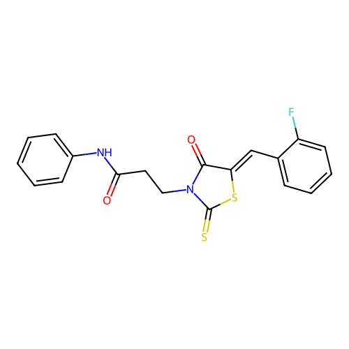 3-[(5Z)-5-[(2-fluorophenyl)methylidene]-4-oxo-2-sulfanylidene-1,3-thiazolidin-3-yl]-N-phenylpropanamide structure