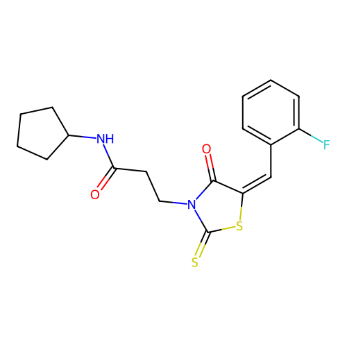 N-cyclopentyl-3-[(5E)-5-[(2-fluorophenyl)methylidene]-4-oxo-2-sulfanylidene-1,3-thiazolidin-3-yl]propanamide structure