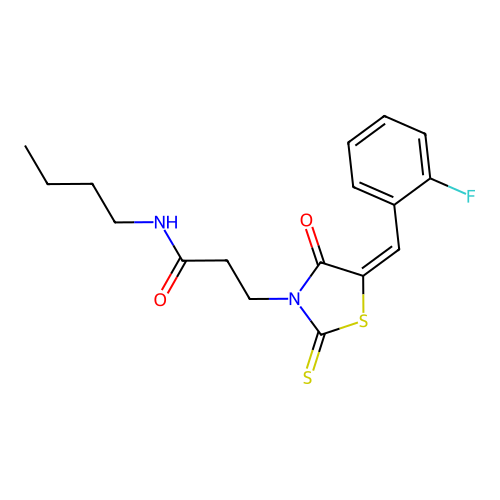 N-butyl-3-[(5E)-5-[(2-fluorophenyl)methylidene]-4-oxo-2-sulfanylidene-1,3-thiazolidin-3-yl]propanamide structure
