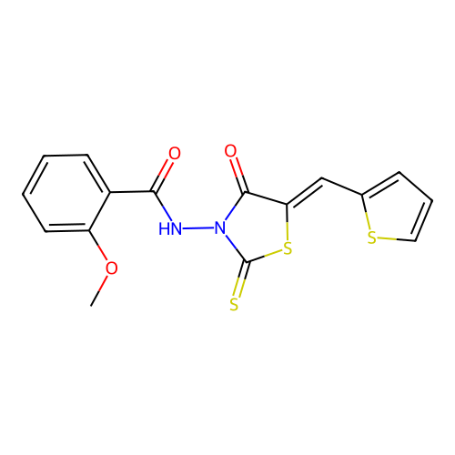 (Z)-2-methoxy-N-(4-oxo-5-(thiophen-2-ylmethylene)-2-thioxothiazolidin-3-yl)benzamide structure