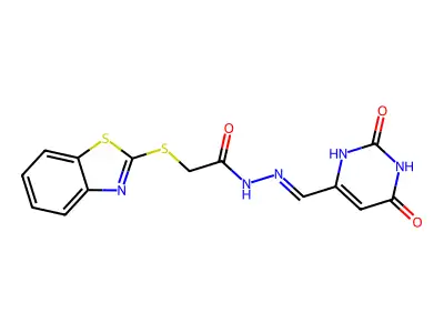 2-(2-Benzothiazolylthio)acetic acid 2-[(1,2,3,6-tetrahydro-2,6-dioxo-4-pyrimidinyl)methylene]hydrazide structure