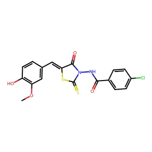 4-chloro-N-[(5E)-5-[(4-hydroxy-3-methoxyphenyl)methylidene]-4-oxo-2-sulfanylidene-1,3-thiazolidin-3-yl]benzamide structure