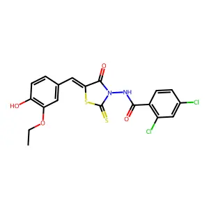 2,4-dichloro-N-[(5Z)-5-(3-ethoxy-4-hydroxybenzylidene)-4-oxo-2-thioxo-1,3-thiazolidin-3-yl]benzamide structure