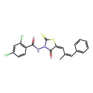 2,4-dichloro-N-{(5Z)-5-[(2E)-2-methyl-3-phenylprop-2-en-1-ylidene]-4-oxo-2-thioxo-1,3-thiazolidin-3-yl}benzamide structure