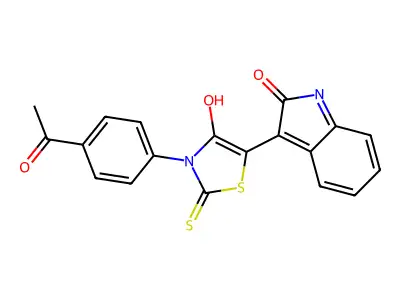 (Z)-3-(4-acetylphenyl)-5-(2-oxoindolin-3-ylidene)-2-thioxothiazolidin-4-one structure