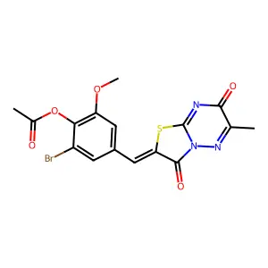2-bromo-6-methoxy-4-[(Z)-(6-methyl-3,7-dioxo-7H-[1,3]thiazolo[3,2-b][1,2,4]triazin-2(3H)-ylidene)methyl]phenyl acetate structure
