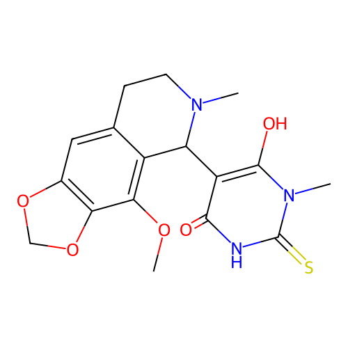 6-hydroxy-5-(4-methoxy-6-methyl-5,6,7,8-tetrahydro-[1,3]dioxolo[4,5-g]isoquinolin-5-yl)-1-methyl-2-thioxo-2,3-dihydropyrimidin-4(1H)-one structure