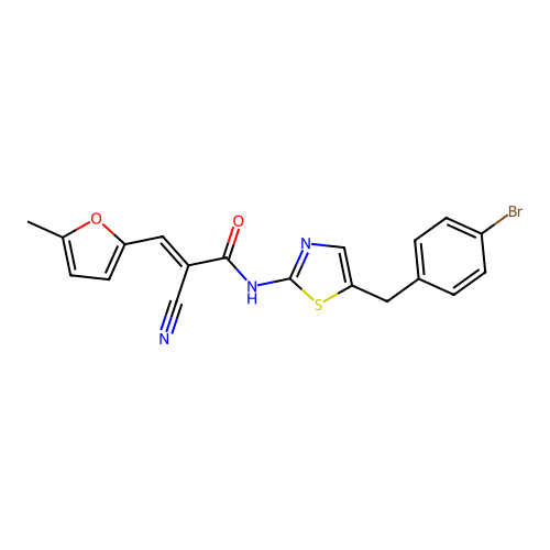 (E)-N-(5-(4-bromobenzyl)thiazol-2-yl)-2-cyano-3-(5-methylfuran-2-yl)acrylamide structure