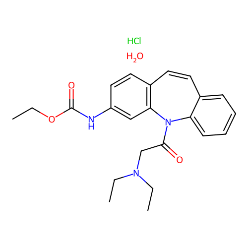 ethyl (5-(2-(diethylamino)acetyl)-5H-dibenzo[b,f]azepin-3-yl)carbamate hydrochloride hydrate structure