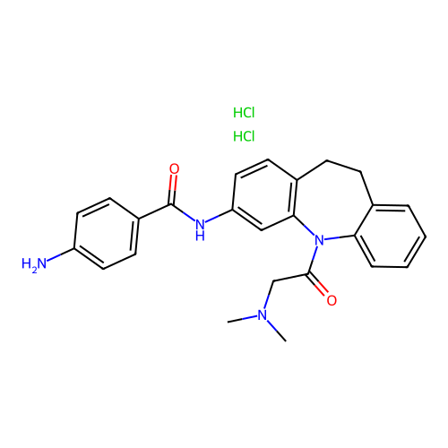 4-amino-N-(5-(2-(dimethylamino)acetyl)-10,11-dihydro-5H-dibenzo[b,f]azepin-3-yl)benzamide dihydrochloride structure