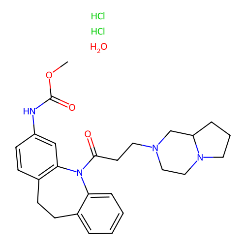methyl (5-(3-(hexahydropyrrolo[1,2-a]pyrazin-2(1H)-yl)propanoyl)-10,11-dihydro-5H-dibenzo[b,f]azepin-3-yl)carbamate dihydrochloride hydrate structure