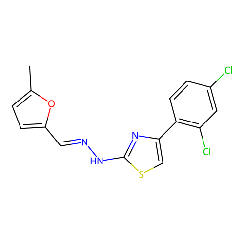 (E)-4-(2,4-dichlorophenyl)-2-(2-((5-methylfuran-2-yl)methylene)hydrazinyl)thiazole structure