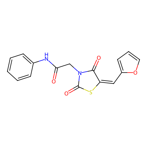 2-[(5E)-5-(furan-2-ylmethylidene)-2,4-dioxo-1,3-thiazolidin-3-yl]-N-phenylacetamide structure
