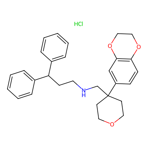 N-((4-(2,3-dihydrobenzo[b][1,4]dioxin-6-yl)tetrahydro-2H-pyran-4-yl)methyl)-3,3-diphenylpropan-1-amine hydrochloride structure