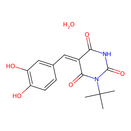 (5Z)-1-tert-butyl-5-[(3,4-dihydroxyphenyl)methylidene]-1,3-diazinane-2,4,6-trione hydrate structure
