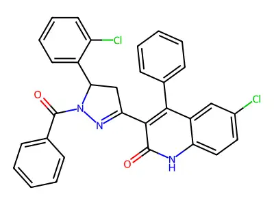 3-(1-benzoyl-5-(2-chlorophenyl)-4,5-dihydro-1H-pyrazol-3-yl)-6-chloro-4-phenylquinolin-2(1H)-one structure