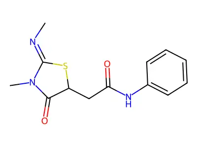 (E)-2-(3-methyl-2-(methylimino)-4-oxothiazolidin-5-yl)-N-phenylacetamide structure
