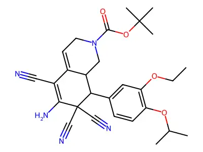 tert-butyl 6-amino-5,7,7-tricyano-8-(3-ethoxy-4-propan-2-yloxyphenyl)-1,3,8,8a-tetrahydroisoquinoline-2-carboxylate structure