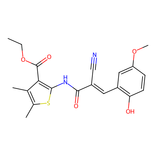 (E)-ethyl 2-(2-cyano-3-(2-hydroxy-5-methoxyphenyl)acrylamido)-4,5-dimethylthiophene-3-carboxylate structure