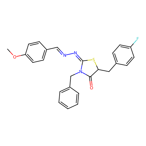 (E)-3-benzyl-5-(4-fluorobenzyl)-2-((E)-(4-methoxybenzylidene)hydrazono)thiazolidin-4-one structure