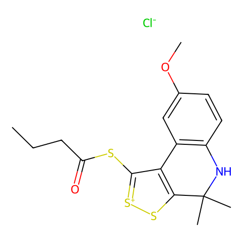 butanoyl-(8-methoxy-4,4-dimethyl-5H-dithiolo[3,4-c]quinolin-1-ylidene)sulfanium chloride structure
