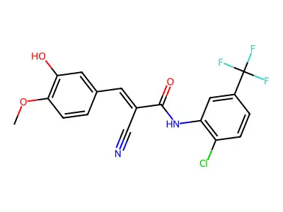 N-[2-chloro-5-(trifluoromethyl)phenyl]-2-cyano-3-(3-hydroxy-4-methoxyphenyl)prop-2-enamide structure