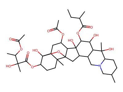 4alpha,9-Epoxycevane-3beta,4,7alpha,14,15alpha,16beta,20-heptol 7-acetate 3-[(2S,3R)-3-acetoxy-2-hydroxy-2-methylbutanoate]15-[(R)-2-methylbutanoate] structure