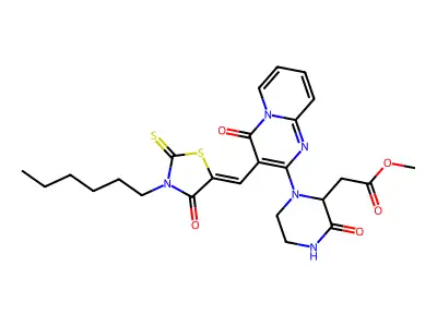 Methyl (1-{3-[(3-hexyl-4-oxo-2-sulfanylidene-1,3-thiazolidin-5-ylidene)methyl]-4-oxo-4H-pyrido[1,2-a]pyrimidin-2-yl}-3-oxopiperazin-2-yl)acetate structure