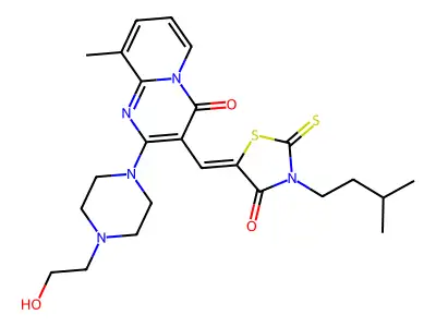 2-[4-(2-Hydroxyethyl)piperazin-1-yl]-9-methyl-3-{[3-(3-methylbutyl)-4-oxo-2-sulfanylidene-1,3-thiazolidin-5-ylidene]methyl}-4H-pyrido[1,2-a]pyrimidin-4-one structure