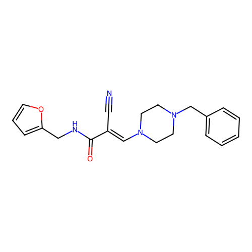 (2E)-3-(4-benzylpiperazin-1-yl)-2-cyano-N-(furan-2-ylmethyl)prop-2-enamide structure