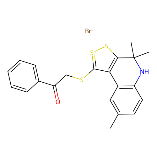 phenacyl-(4,4,8-trimethyl-5H-dithiolo[3,4-c]quinolin-1-ylidene)sulfanium bromide structure