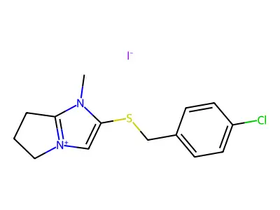 2-[(4-chlorophenyl)methylsulfanyl]-1-methyl-6,7-dihydro-5H-pyrrolo[1,2-a]imidazol-4-ium iodide structure