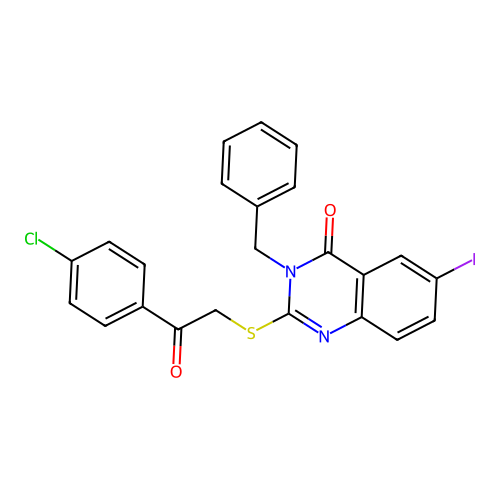 3-benzyl-2-{[2-(4-chlorophenyl)-2-oxoethyl]sulfanyl}-6-iodoquinazolin-4(3H)-one structure