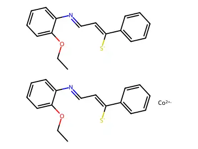 Cobalt(2+);bis(3-(2-ethoxyphenyl)imino-1-phenylprop-1-ene-1-thiolate) structure
