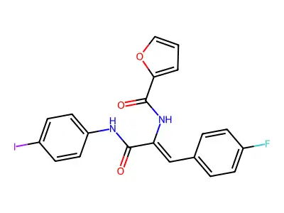 N-[1-(4-fluorophenyl)-3-(4-iodoanilino)-3-oxoprop-1-en-2-yl]furan-2-carboxamide structure