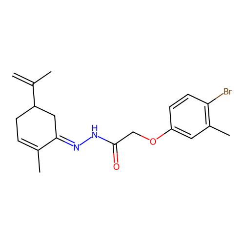 2-(4-bromo-3-methyl-phenoxy)-N-[(2-methyl-5-prop-1-en-2-yl-1-cyclohex-2-enylidene)amino]acetamide structure