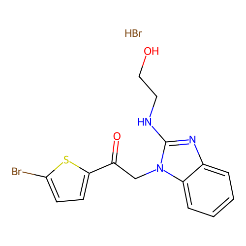 1-(5-bromothiophen-2-yl)-2-[2-(2-hydroxyethylamino)benzimidazol-1-yl]ethanone hydrobromide structure