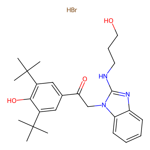 1-(3,5-di-tert-butyl-4-hydroxyphenyl)-2-(2-((3-hydroxypropyl)amino)-1H-benzo[d]imidazol-1-yl)ethanone hydrobromide structure