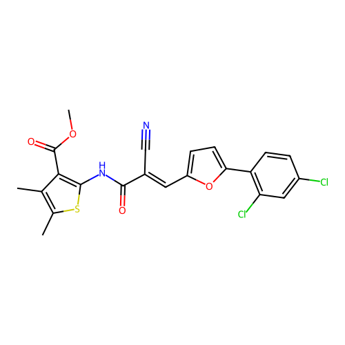 (E)-methyl 2-(2-cyano-3-(5-(2,4-dichlorophenyl)furan-2-yl)acrylamido)-4,5-dimethylthiophene-3-carboxylate structure