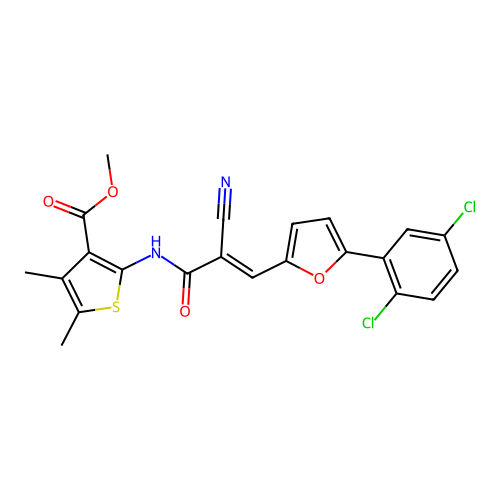 (E)-methyl 2-(2-cyano-3-(5-(2,5-dichlorophenyl)furan-2-yl)acrylamido)-4,5-dimethylthiophene-3-carboxylate structure