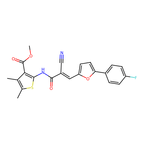 (E)-methyl 2-(2-cyano-3-(5-(4-fluorophenyl)furan-2-yl)acrylamido)-4,5-dimethylthiophene-3-carboxylate structure