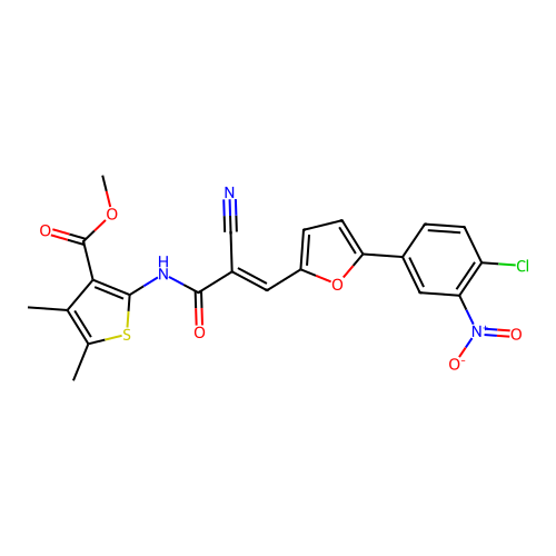 methyl 2-({(2E)-3-[5-(4-chloro-3-nitrophenyl)furan-2-yl]-2-cyanoprop-2-enoyl}amino)-4,5-dimethylthiophene-3-carboxylate structure