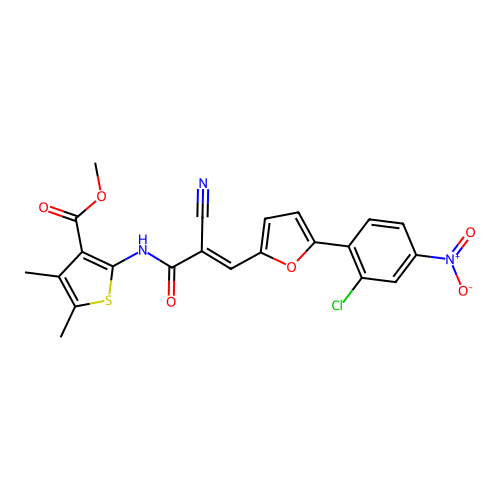 methyl 2-({(2E)-3-[5-(2-chloro-4-nitrophenyl)furan-2-yl]-2-cyanoprop-2-enoyl}amino)-4,5-dimethylthiophene-3-carboxylate structure