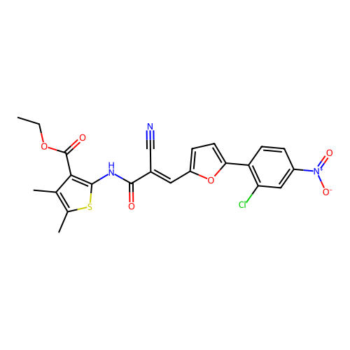 (E)-ethyl 2-(3-(5-(2-chloro-4-nitrophenyl)furan-2-yl)-2-cyanoacrylamido)-4,5-dimethylthiophene-3-carboxylate structure
